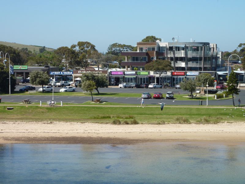 San Remo - Views from Phillip Island Bridge, Phillip Island Road: View south across beach towards shops on Marine Pde