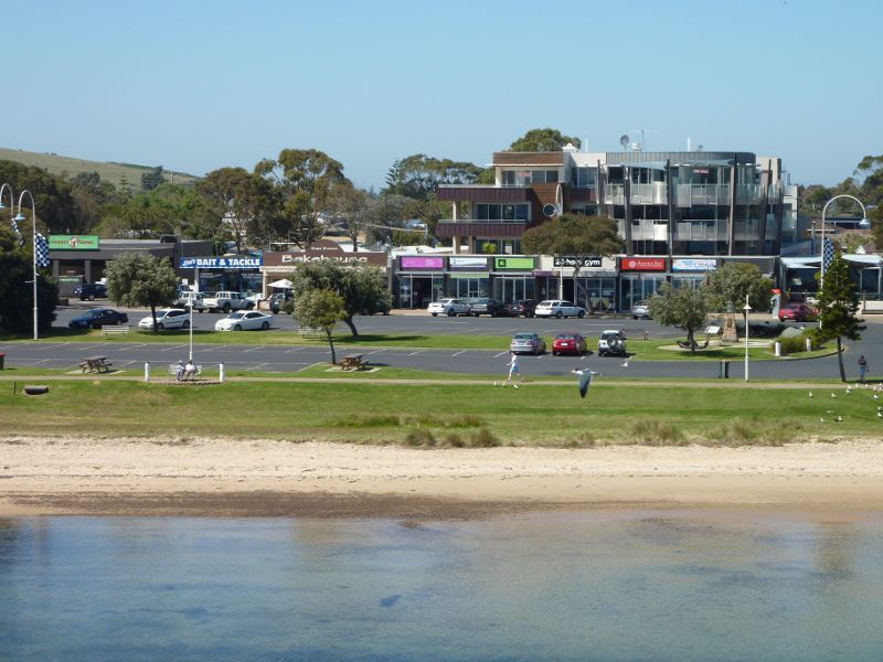 San Remo - Views from Phillip Island Bridge, Phillip Island Road - View south across beach towards shops on Marine Pde