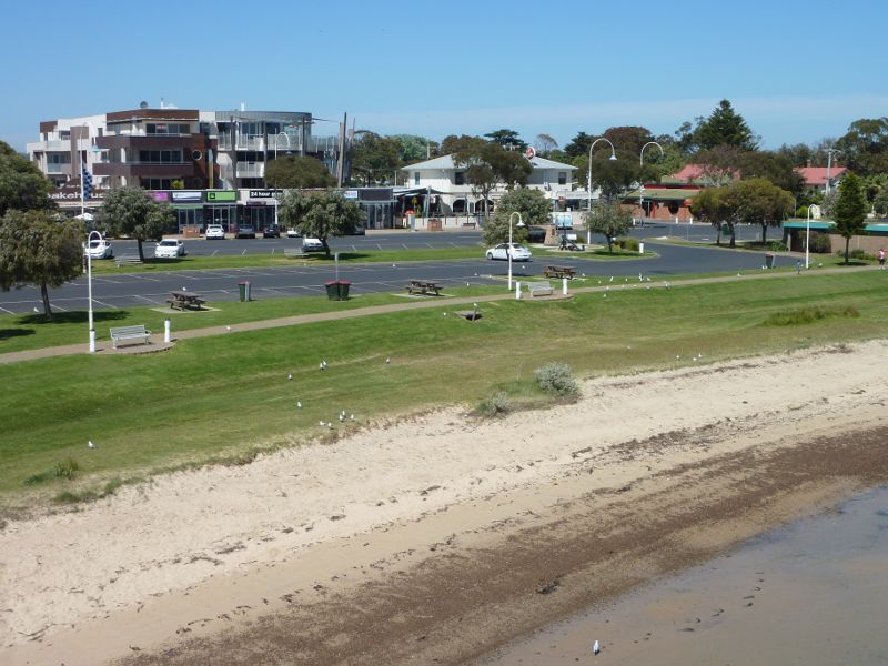 San Remo - Views from Phillip Island Bridge, Phillip Island Road: View across foreshore towards Marine Pde and Westernport Hotel