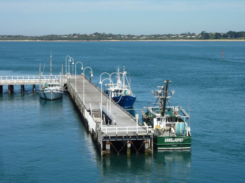 San Remo - Views from Phillip Island Bridge, Phillip Island Road: View along northern end of jetty towards beach at Cape Woolamai