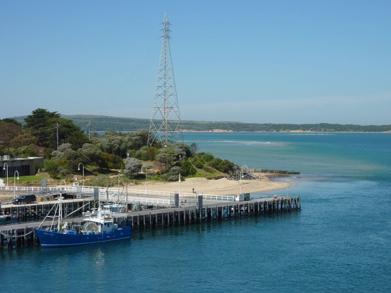 San Remo - Views from Phillip Island Bridge, Phillip Island Road: South-westerly view across jetty towards Davis Point and Cape Woolamai