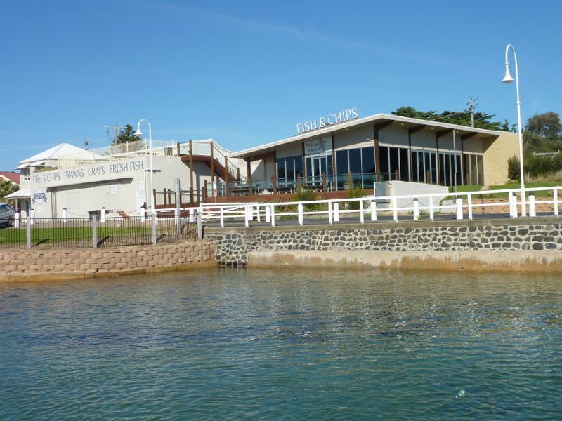 San Remo - San Remo Jetty: View towards Fishermans Co-Op and fish & chips shop from jetty