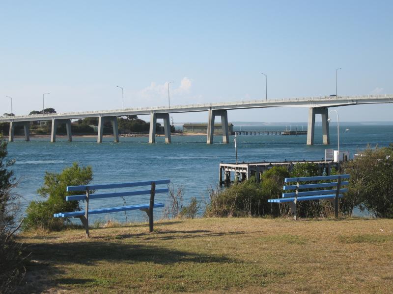 San Remo - Davis Point at western end of Marine Parade: View north along The Narrows and towards bridge