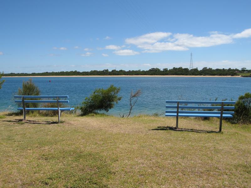 San Remo - Davis Point at western end of Marine Parade: View north-west across The Narrows towards beach at Newhaven