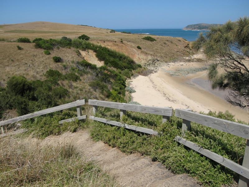 San Remo - Lions Park and Bonwicks Beach, Back Beach Road: View south along beach from steps down to beach