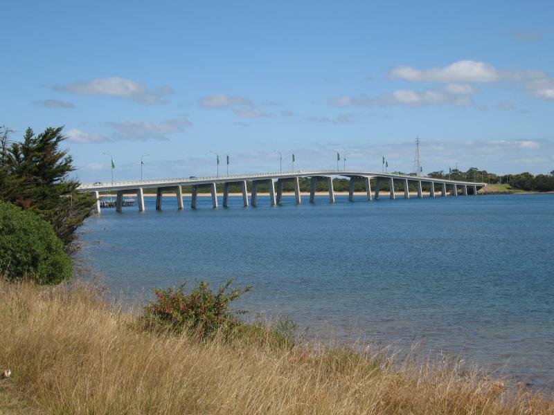 San Remo - Phillip Island Road through San Remo: View north-west towards bridge from Phillip Island Rd near Back Beach Rd