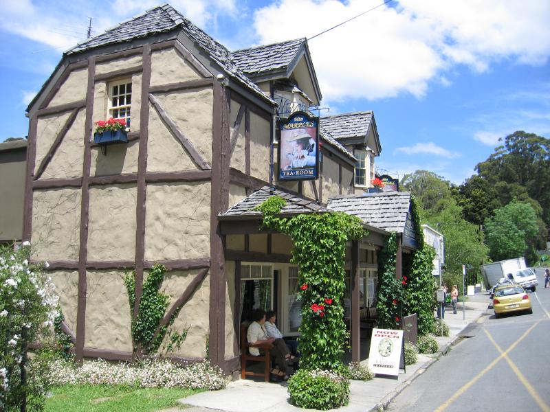 Sassafras - Commercial centre and shops, Mount Dandenong Tourist Road: Miss Marples Tea Rooms, View south along Mt Dandenong Tourist Rd towards Prince St