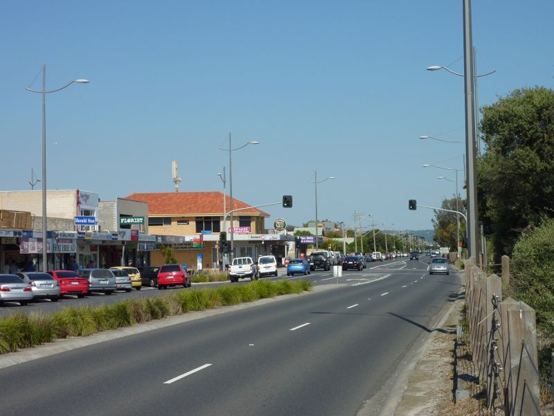 Seaford - Shops, Nepean Highway north of Station Street: View south along Nepean Hwy towards Station St
