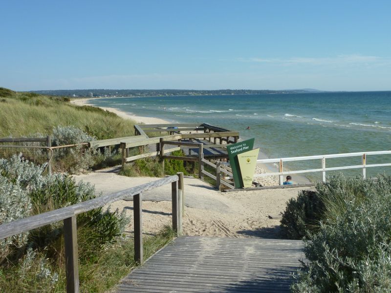 Seaford - Seaford Pier and surrounding beaches: View south along coast at entrance to pier
