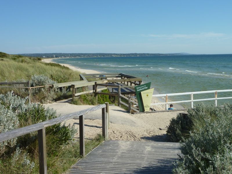 Seaford - Seaford Pier and surrounding beaches - View south along coast at entrance to pier