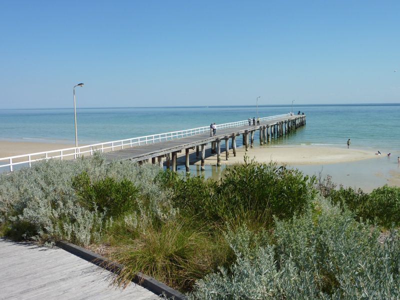 Seaford - Seaford Pier and surrounding beaches: View along pier from Seaford Life Saving Club