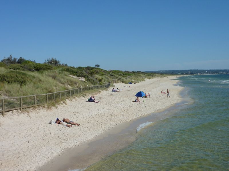 Seaford - Seaford Pier and surrounding beaches: View south along beach from pier