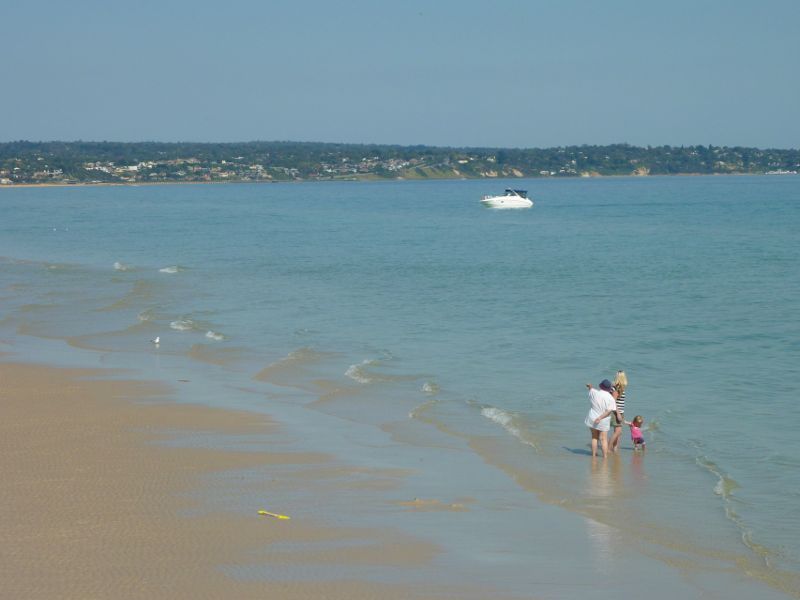 Seaford - Seaford Pier and surrounding beaches: South-westerly view across beach from pier towards Frankston