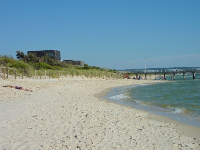 Seaford - Seaford Pier and surrounding beaches: View south along beach towards pier
