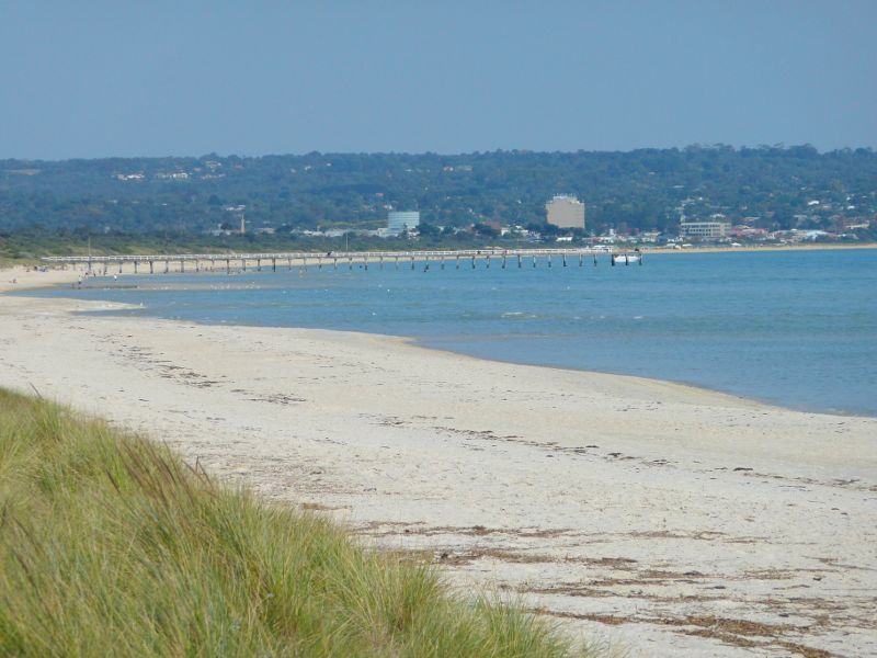 Seaford - Beach at Riviera Outfall: Southerly view along beach towards Seaford Pier