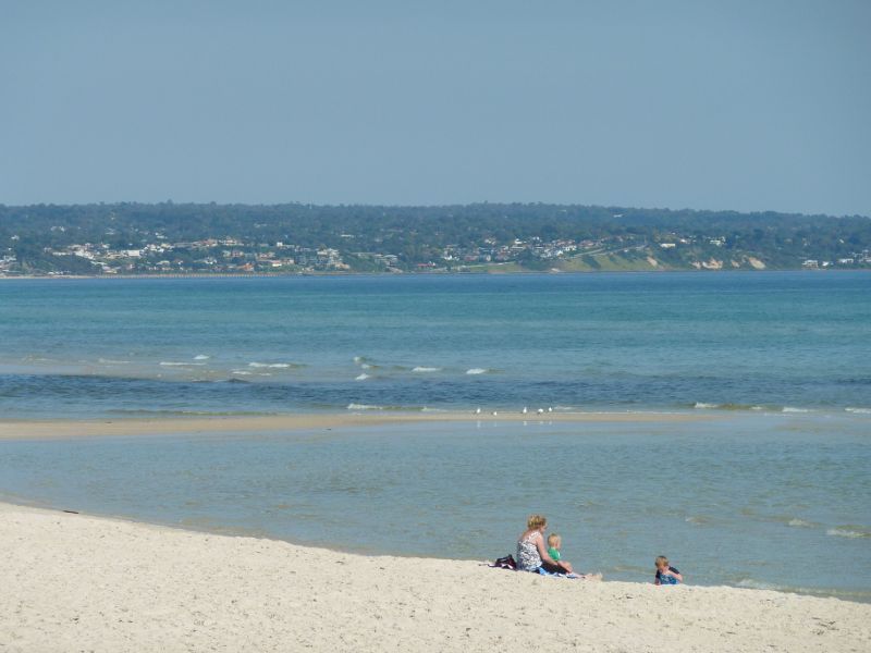 Seaford - Beach at Keast Park: View across beach towards Frankston and Olivers Hill