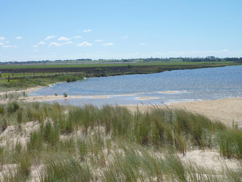 Seaspray - Beach at south-western end of Foreshore Road and mouth of Merriman Creek - Northerly view over creek from beach