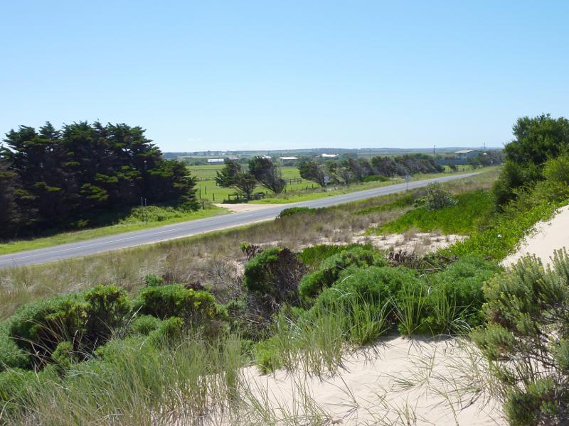 Seaspray - Beach at south-east end of Futcher Street: North-easterly view along Shoreline Dr from path at top of sand dunes