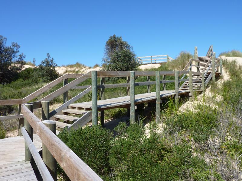 Seaspray - The Honeysuckles, beach along McLachlan Street opposite Grenfell Drive: Steps from car park over sand dunes to beach