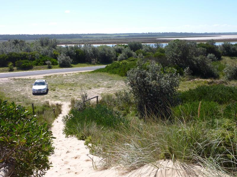 Seaspray - The Honeysuckles - beach along Shoreline Drive opposite Mandalay Drive - Northerly view towards car park and Shoreline Dr from top of sand dunes