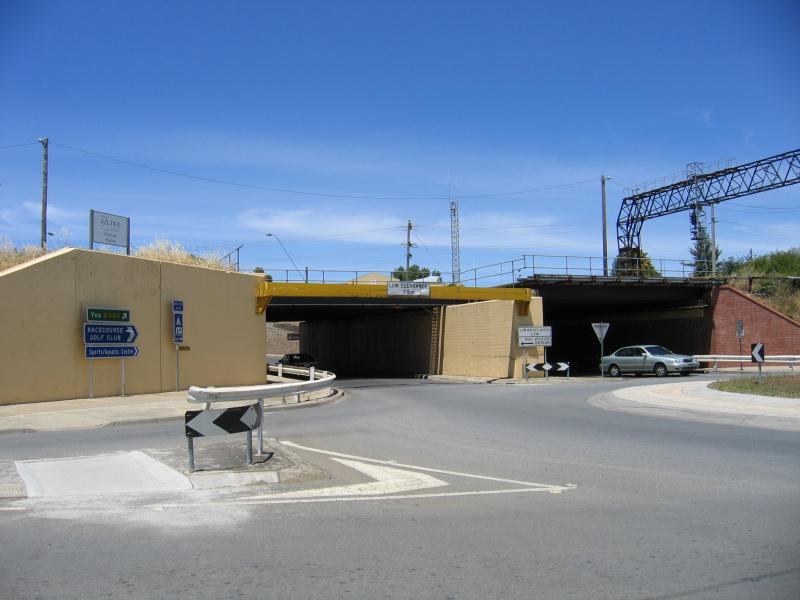 Seymour - Commercial centre and shops: Railway bridge, Station St at Wallis St