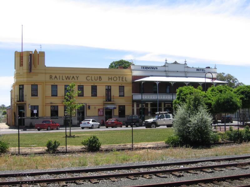 Seymour - Railway station and surroundings: View from station platform, west to hotels on Station Station