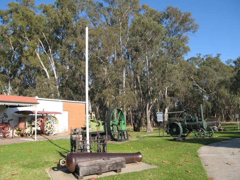 Shepparton - Historical Precinct, corner High Street and Wellsford Street: Old farming equipment displays