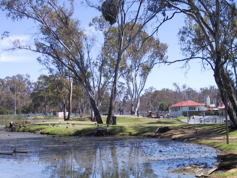 Shepparton - Victoria Park Lake, Goulburn River, Aquamoves centre: View north along Victoria Park Lake towards S Cape Skate Park