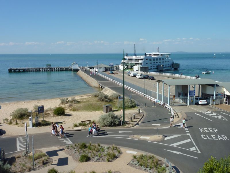Sorrento - Views from cliffs above Policemans Point: View across Policemans Point and Sorrento Pier towards Queenscliff-Sorrento Ferry