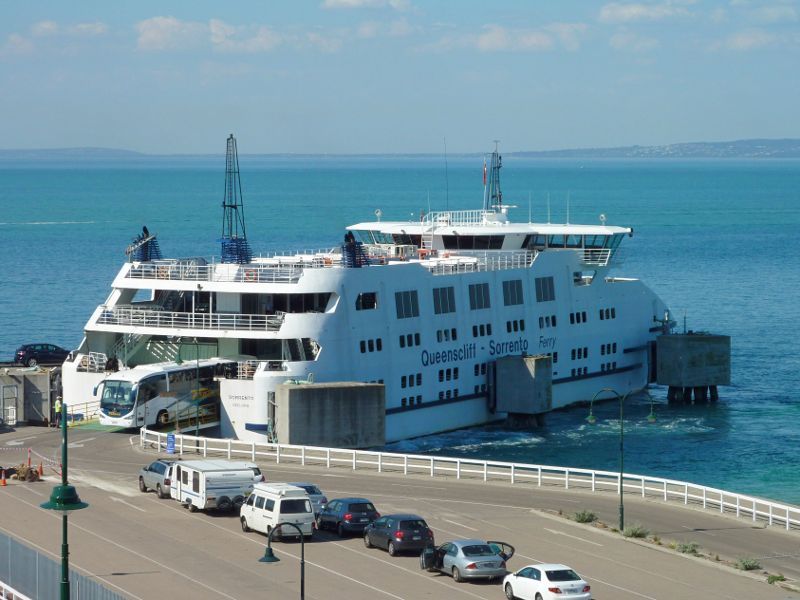 Sorrento - Views from cliffs above Policemans Point: View of Queenscliff-Sorrento Ferry docked at Sorrento Pier