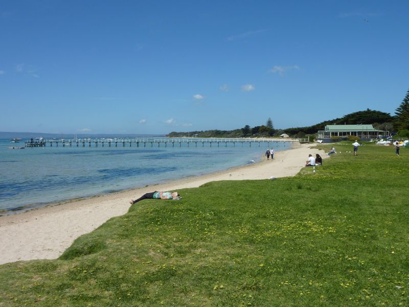 Sorrento - Western end of Sorrento Front Beach: View south-east along beach and foreshore towards jetty