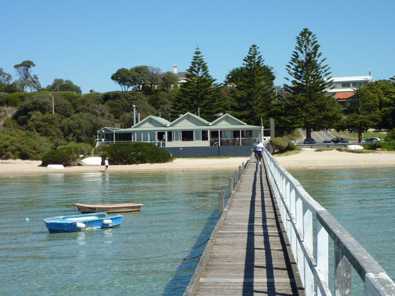 Sorrento - Western end of Sorrento Front Beach: View along jetty towards the beach and The Baths Restaurant