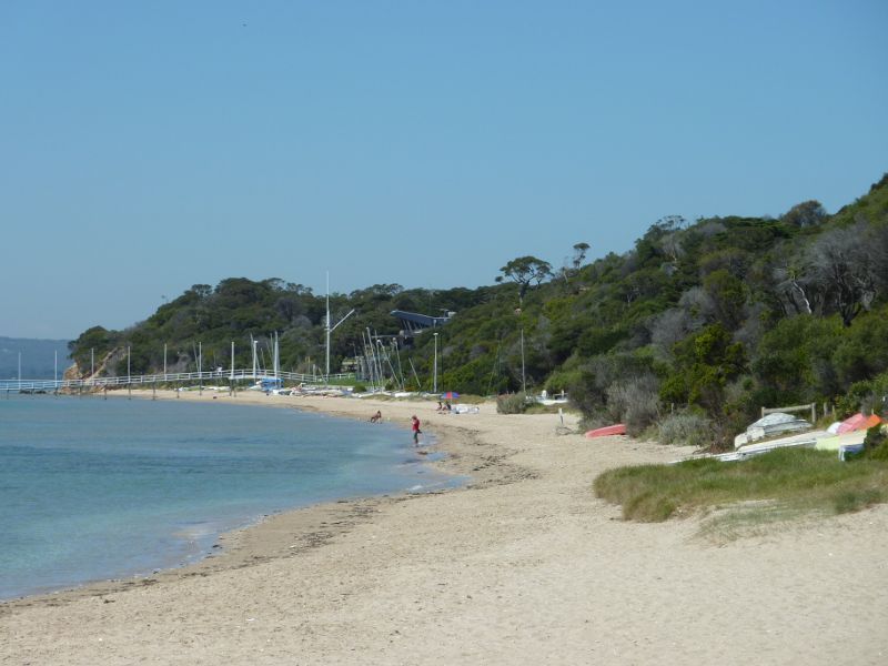 Sorrento - Sorrento Front Beach opposite St Pauls Road: South-easterly view along beach towards sailing club and Western Sister