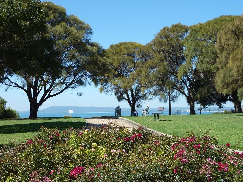 Sorrento - Sorrento Historic Park, Hotham Road: View through rose garden towards bay and Arthurs Seat