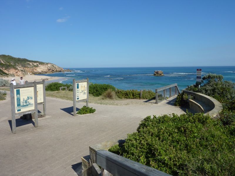 Sorrento - Sorrento Ocean Beach, Bass Strait: Information boards in front of Sorrento Surf Life Saving Club overlooking the beach