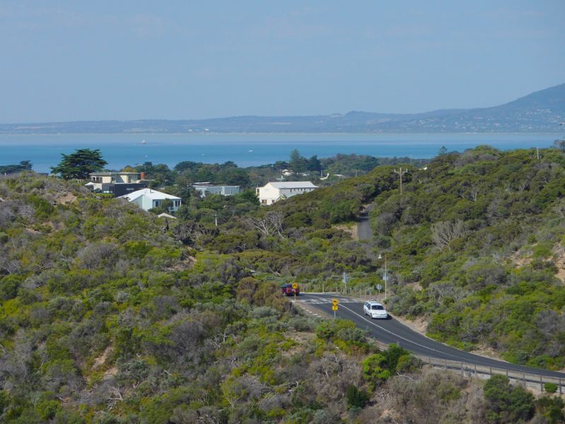 Sorrento - Sorrento Ocean Beach, Bass Strait: Easterly view along Ocean Beach Rd and towards Port Phillip from Coppins Lookout