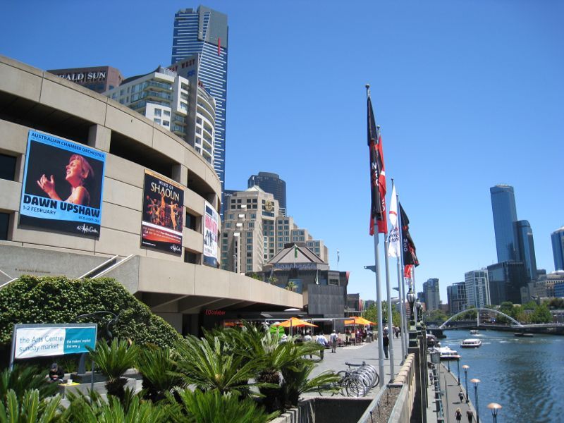 Southbank - Arts Centre Melbourne, St Kilda Road: Westerly view along Yarra River at Hamer Hall