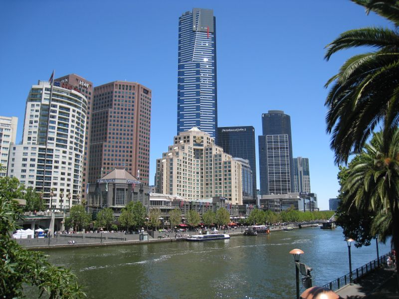 Southbank - Southbank Promenade and Yarra River: View across Yarra River towards Southgate and Eureka Tower