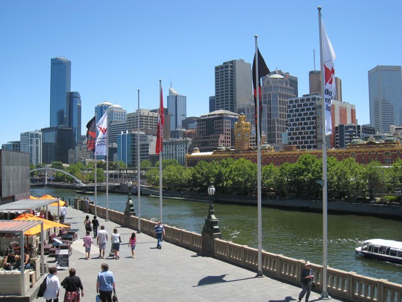 Southbank - Southbank Promenade and Yarra River: View across Yarra River towards Flinders Street Station and city skyline
