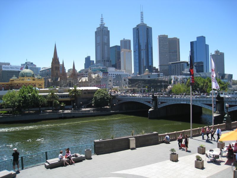 Southbank - Southbank Promenade and Yarra River: View across Yarra River towards Princes Bridge and city skyline