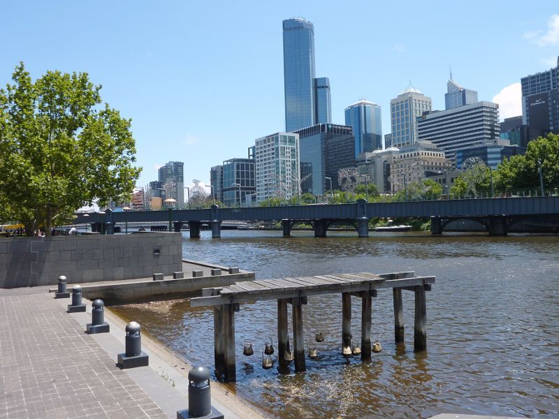 Southbank - Southbank Promenade and Yarra River: View west along Yarra River towards Sandridge Bridge and city skyline