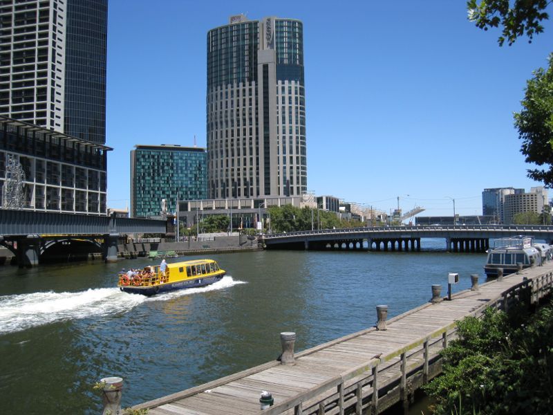 Southbank - Queensbridge Square, Sandridge Bridge and Yarra River: View south-west across Yarra River between Sandridge Bridge and Queens Bridge