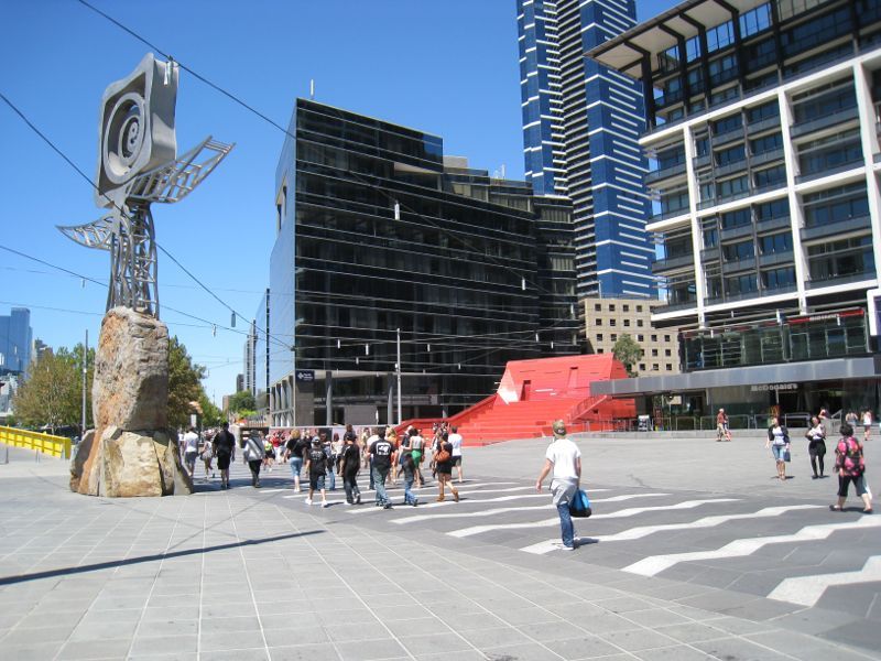 Southbank - Queensbridge Square, Sandridge Bridge and Yarra River: View east through Queensbridge Square