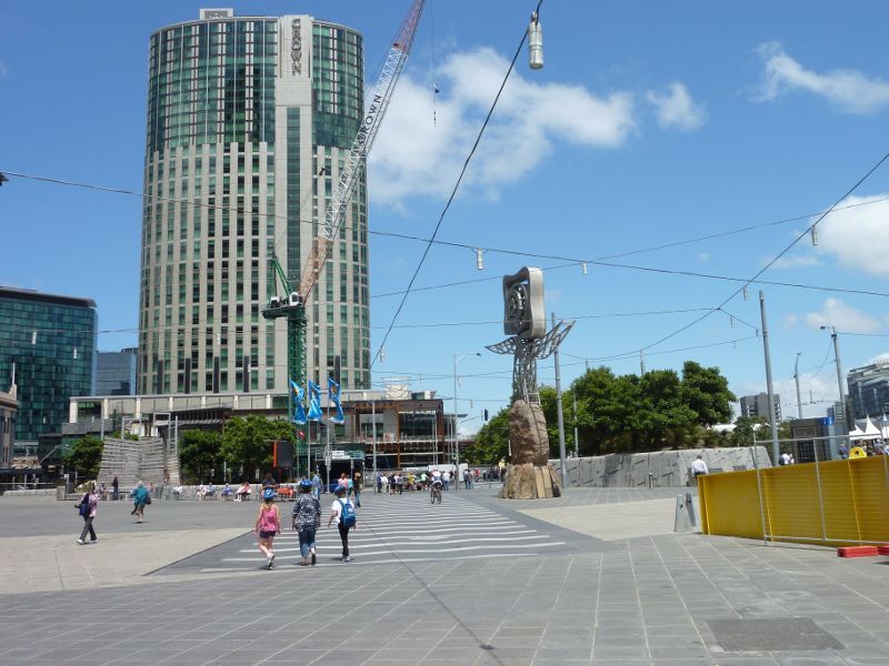 Southbank - Queensbridge Square, Sandridge Bridge and Yarra River: Westerly view through Queensbridge Square towards Crown Towers