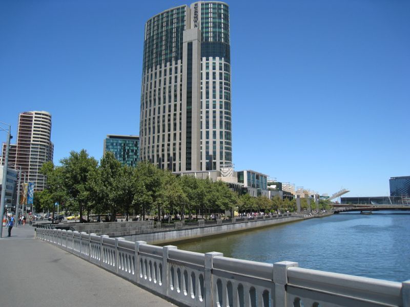 Southbank - Yarra Promenade and Yarra River - Westerly view from Queens bridge along Yarra River towards Crown Towers