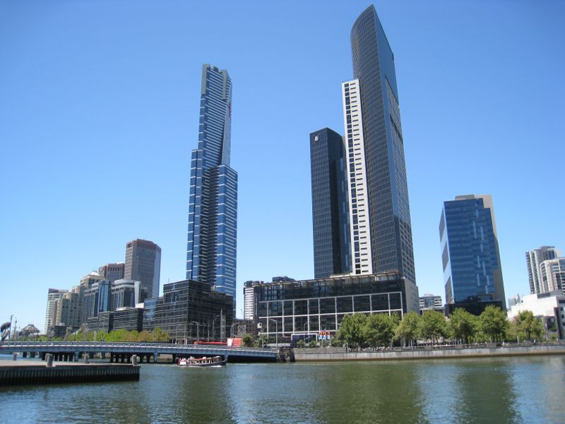 Southbank - Yarra Promenade and Yarra River: South-easterly view across Yarra River towards Queens Bridge and Eureka Tower