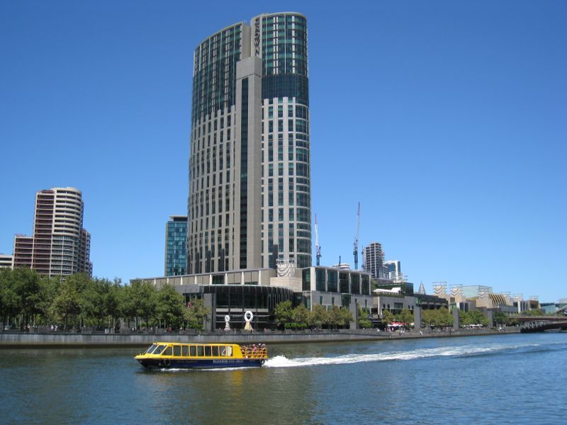 Southbank - Yarra Promenade and Yarra River: Southerly view across Yarra River towards Crown Towers