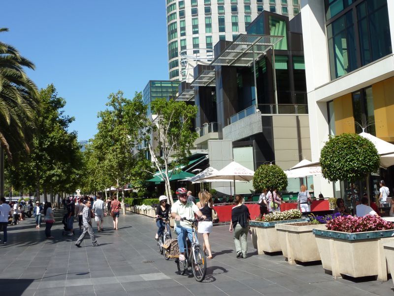 Southbank - Yarra Promenade and Yarra River: View east along Yarra Promenade at Crown Entertainment Complex