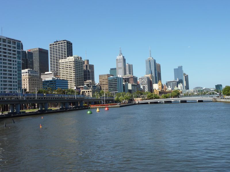 Southbank - Yarra Promenade and Yarra River: View east along Yarra River towards Enterprize Wharf and Queens Bridge