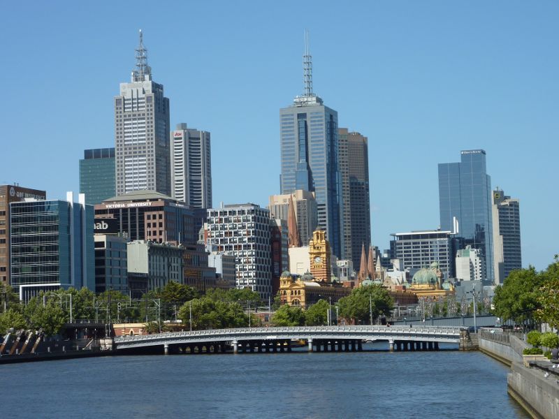 Southbank - Yarra Promenade and Yarra River: View east along Yarra River towards Queens Bridge and city skyline